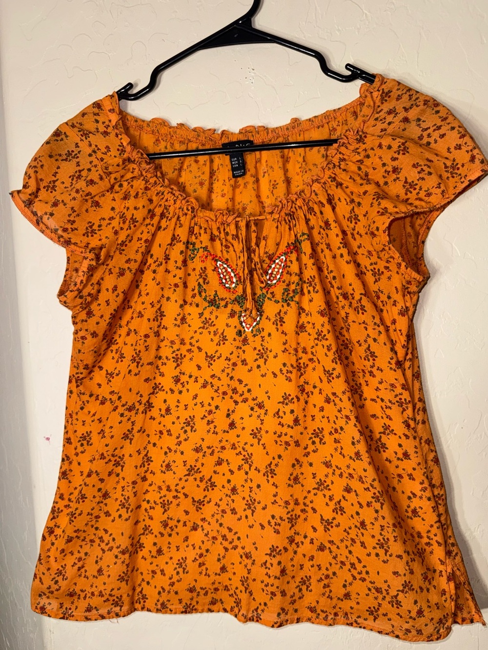 FANG Orange Floral Embroidered Beaded Peasant Boho Flutter Sleeve Blouse Top L